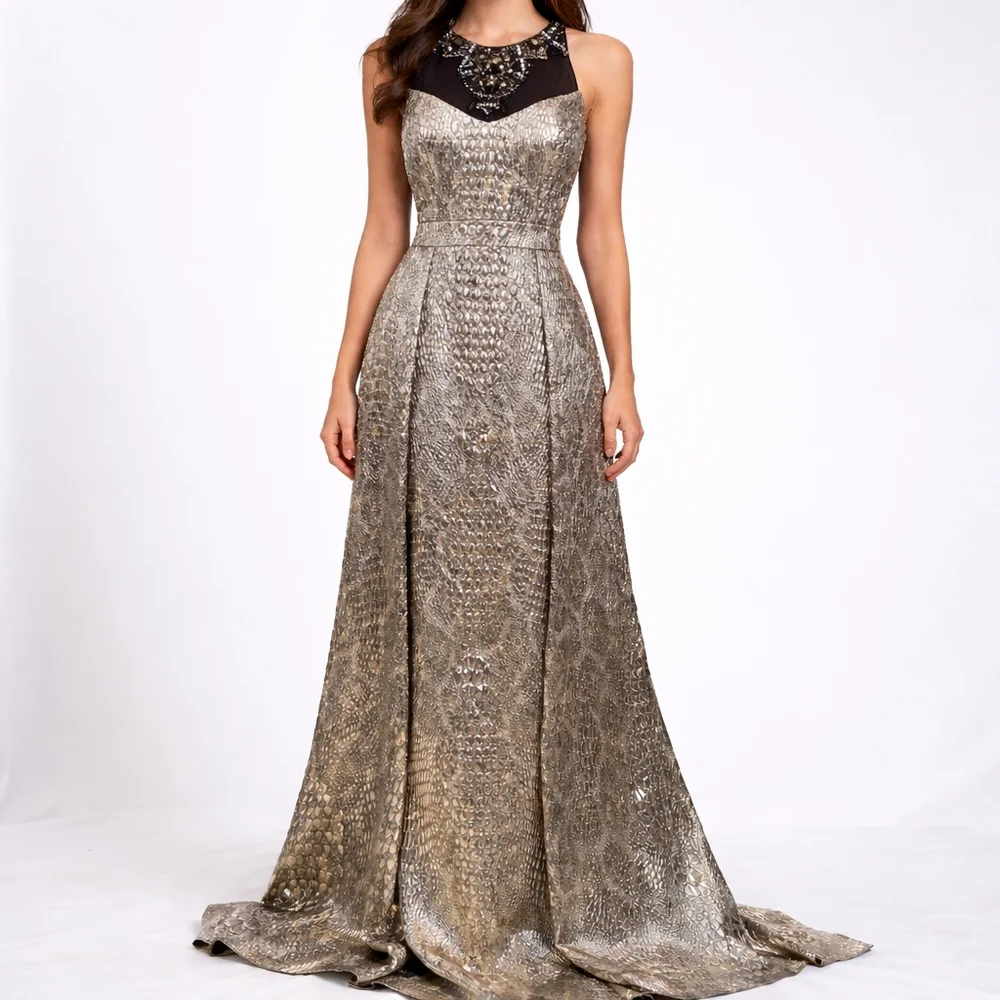 Badgley Mischka Gold Metallic Beaded Evening Gown Prom Dress 6 MSRP $1850 NWT - Picture 6 of 12